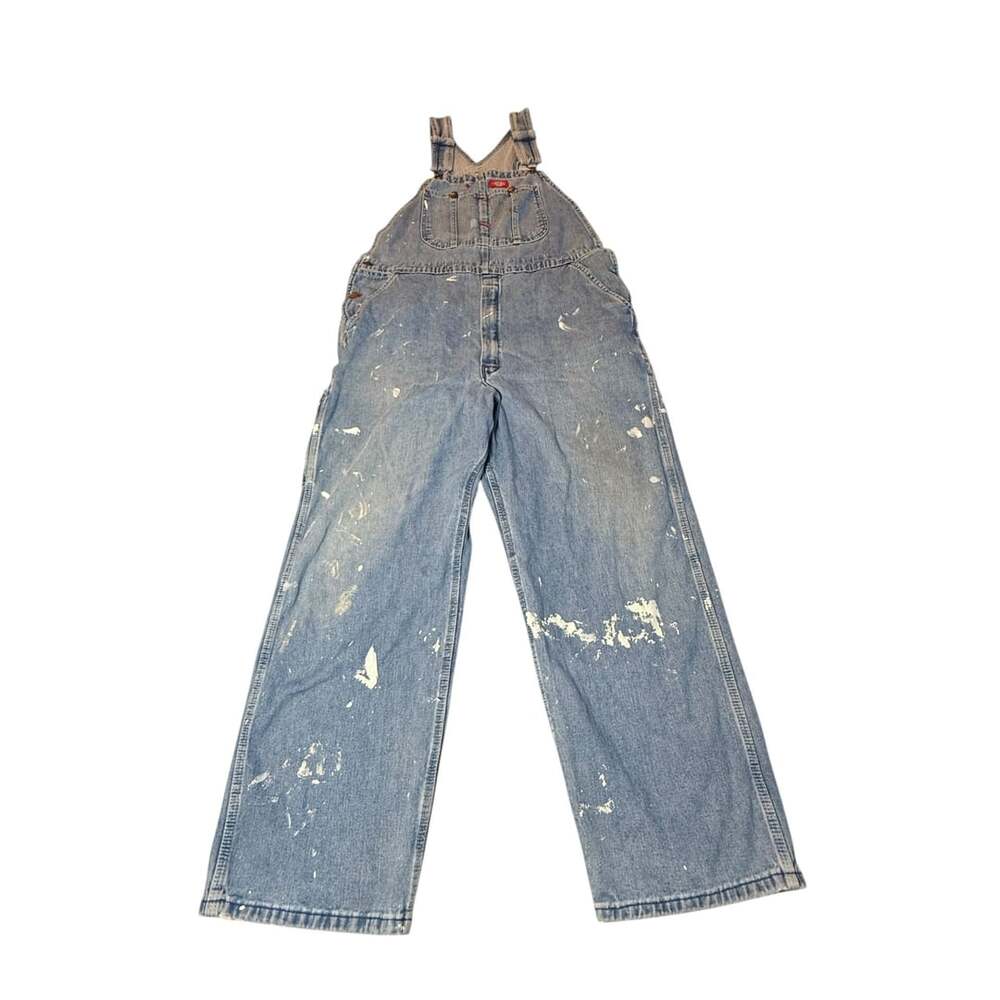 Dickies Denim Overalls Size Untagged 38x30 Blue Paint Splatter & Distressed